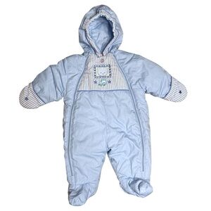 Vintage Quiltex Baby Boy Snowsuit Bunting – Blue Striped Bear Train – 3–6 Months
